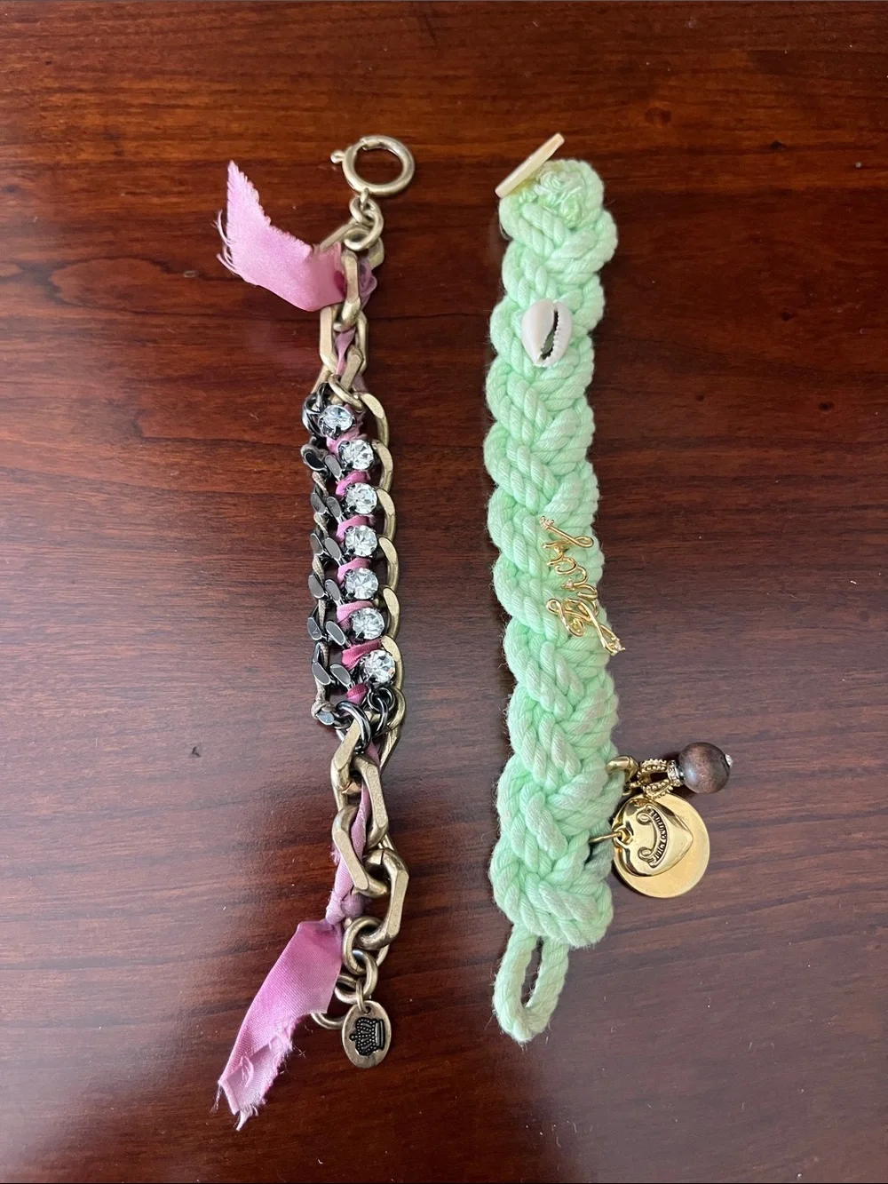 Set of Two Juicy Couture Bracelets - Pink Ribbon Chain & Mint Braided